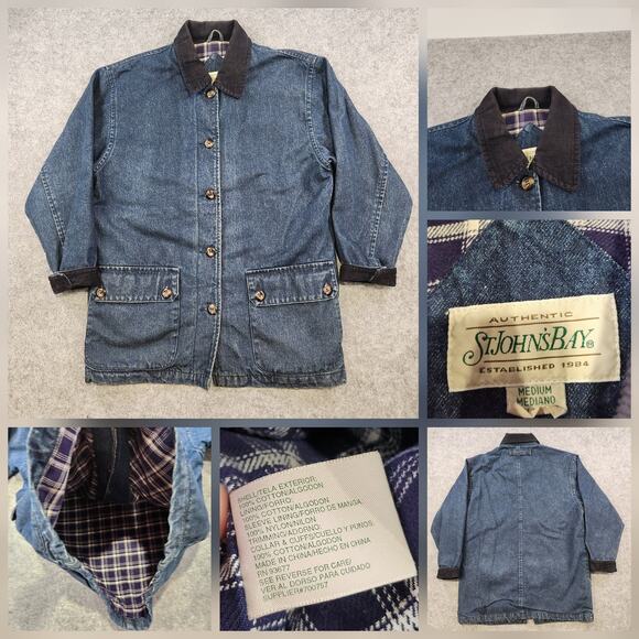 VTG St Johns Bay Jacket Women Medium Denim Corduroy Collar Barn Coat Plaid Lined - Picture 1 of 15